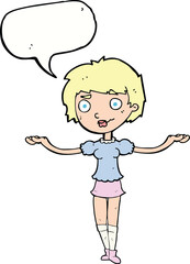 cartoon woman spreading arms with speech bubble