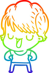 rainbow gradient line drawing of a cartoon woman talking