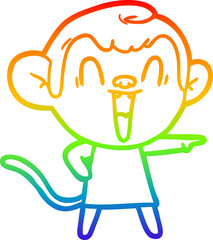 rainbow gradient line drawing of a cartoon laughing monkey