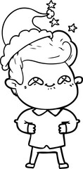 hand drawn line drawing of a excited man wearing santa hat