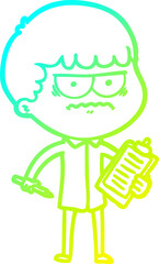 cold gradient line drawing of a cartoon annoyed man