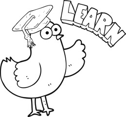 freehand drawn black and white cartoon bird with learn text