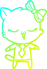 cold gradient line drawing of a cartoon cat with bow on head