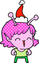 hand drawn comic book style illustration of a alien girl laughing wearing santa hat