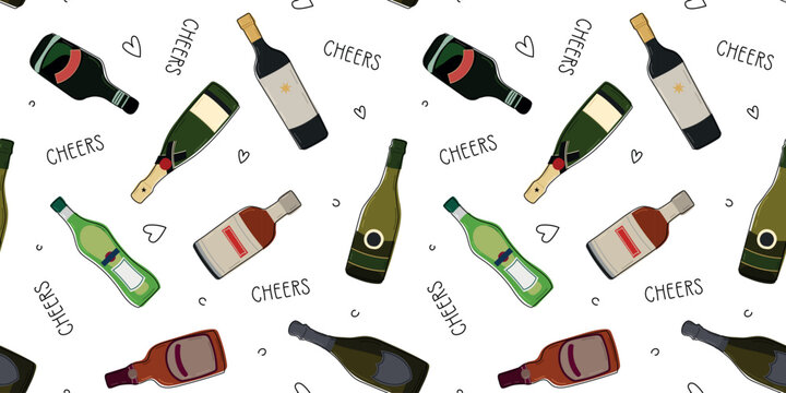 Various bottles of alcohol seamless pattern. Hand drawn alcohol pattern with doodle elements. Different shapes and colors of bottles. Wallpaper, background, wrapping paper