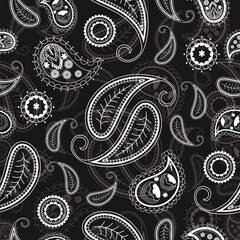 Grey bandana kerchief paisley fabric patchwork abstract vector seamless pattern.