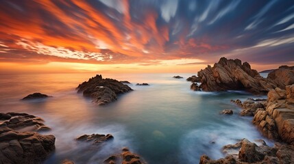 Amanecer vibrante sobre costa rocosa - Fotografía de paisaje marítimo - obrazy, fototapety, plakaty