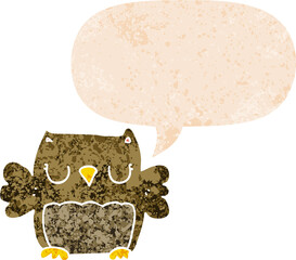 cute cartoon owl with speech bubble in grunge distressed retro textured style