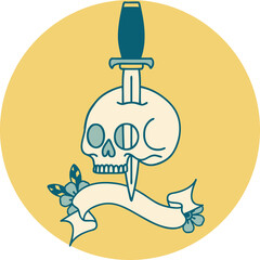 tattoo style icon with banner of a skull
