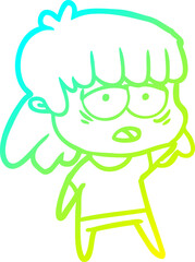 cold gradient line drawing of a cartoon tired woman
