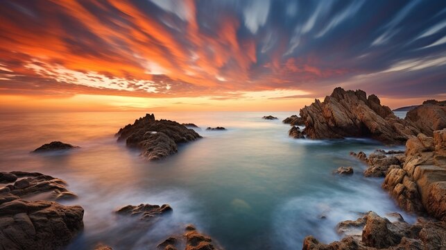 Amanecer vibrante sobre costa rocosa - Fotografía de paisaje marítimo