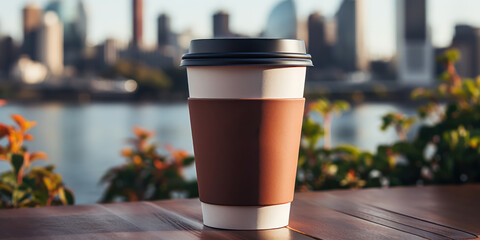 Mockup of a coffee cup in a bustling city environment. - obrazy, fototapety, plakaty