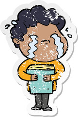 distressed sticker of a cartoon man crying
