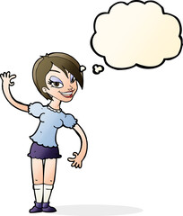 cartoon girl waving with thought bubble