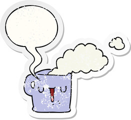 cartoon hot cup of coffee with speech bubble distressed distressed old sticker