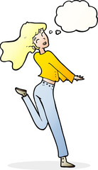 cartoon happy girl kicking out leg with thought bubble