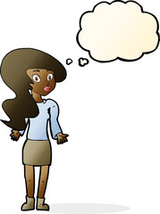 cartoon woman shrugging shoulders with thought bubble