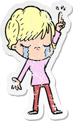 distressed sticker of a cartoon woman crying
