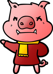 angry cartoon pig in winter clothes
