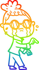 rainbow gradient line drawing of a cartoon crying woman wearing spectacles