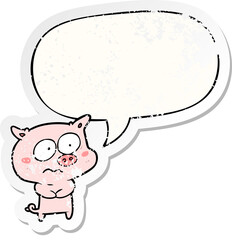 cartoon nervous pig with speech bubble distressed distressed old sticker