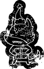 quirky cartoon distressed icon of a wolf with a gift wearing santa hat