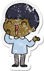 distressed sticker of a cartoon happy man
