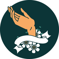 tattoo style icon with banner of a hand
