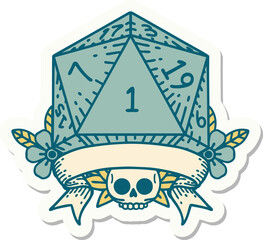 sticker of a natural one d20 dice roll