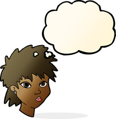cartoon curious girl with thought bubble