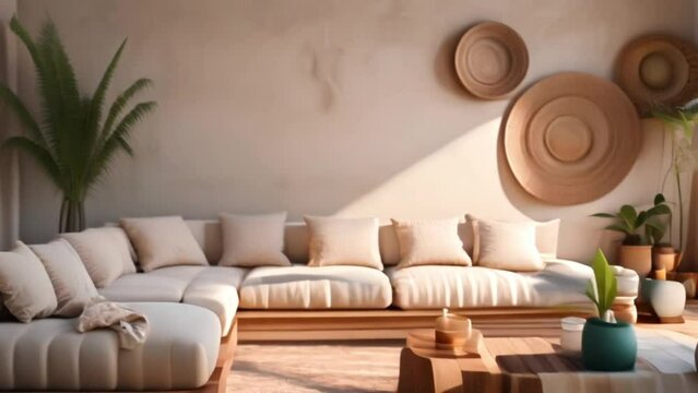 Boho living room interior background, minimalism. Animation.