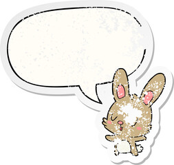 cute cartoon rabbit with speech bubble distressed distressed old sticker