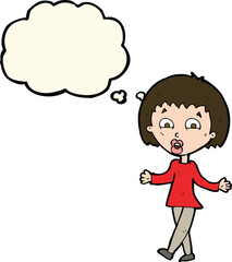 cartoon woman shrugging shoulders with thought bubble