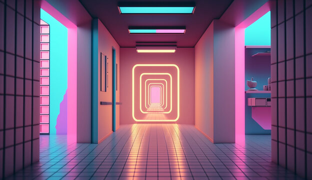 Modern house neon liminal open space interior design AI Generated image