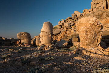 ancient heads of statues of Commagene, Antiochus and Eagle at East Terrace, Mount Nemrut,...