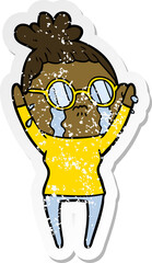 distressed sticker of a cartoon crying woman wearing spectacles