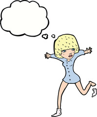 cartoon woman kicking off sock with thought bubble
