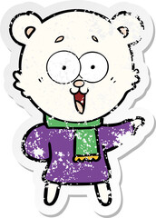 distressed sticker of a laughing teddy  bear cartoon in winter clothes