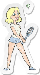 retro distressed sticker of a cartoon woman playing tennis