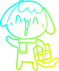 cold gradient line drawing of a cute cartoon dog with christmas present