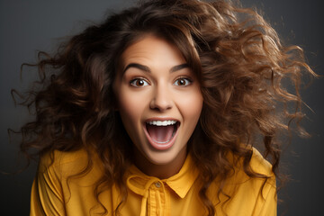 Joyful Beauty: Happy Young Woman with Curly Hair Expressing Excitement