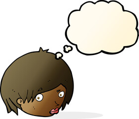 cartoon female face with raised eyebrow with thought bubble