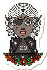 sticker of a elf rogue character with natural twenty dice roll