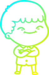 cold gradient line drawing of a cartoon happy boy