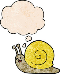 cartoon snail with thought bubble in grunge texture style