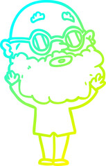 cold gradient line drawing of a cartoon curious man with beard and glasses