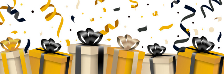 Bannière de cadeaux pour un événement festif comme un anniversaire ou les fêtes de fin d'année - Cotillons et confettis - Ensemble de cadeaux beiges et couleur or - Célébration festive 