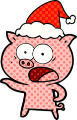 hand drawn comic book style illustration of a pig shouting wearing santa hat