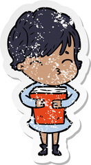 distressed sticker of a cartoon woman thinking