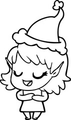 happy hand drawn line drawing of a elf girl wearing santa hat